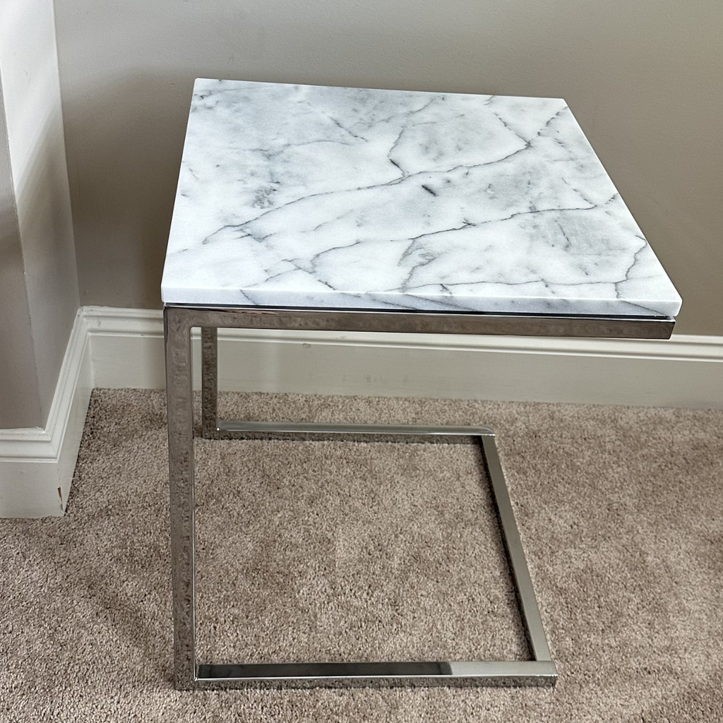 CB2 Smart Chrome C Table with White Marble Top, Set of 2