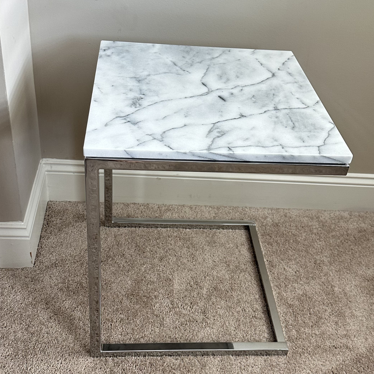 CB2 Smart Chrome C Table with White Marble Top, Set of 2
