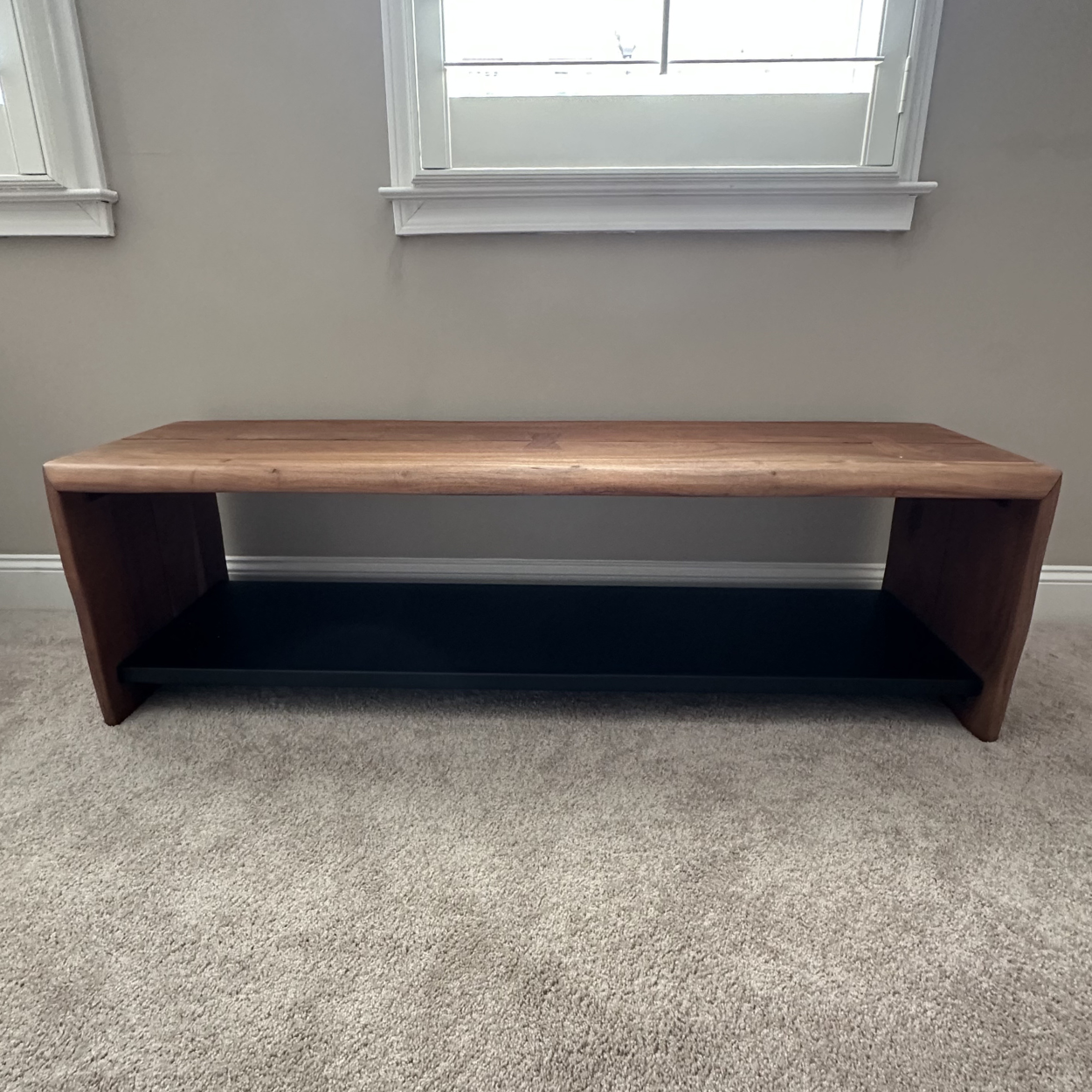 Crate & Barrel Yukon Warm Acacia Live Edge Solid Wood Storage Entryway Bench with Shelf