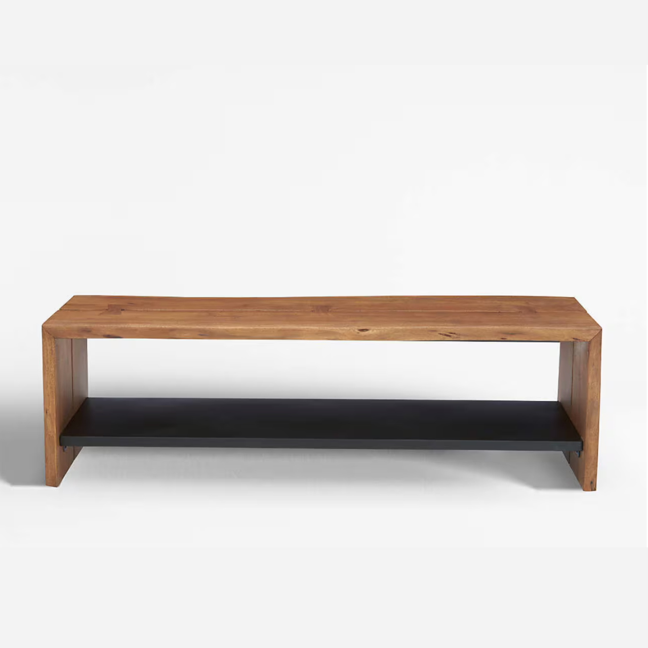 Crate & Barrel Yukon Warm Acacia Live Edge Solid Wood Storage Entryway Bench with Shelf