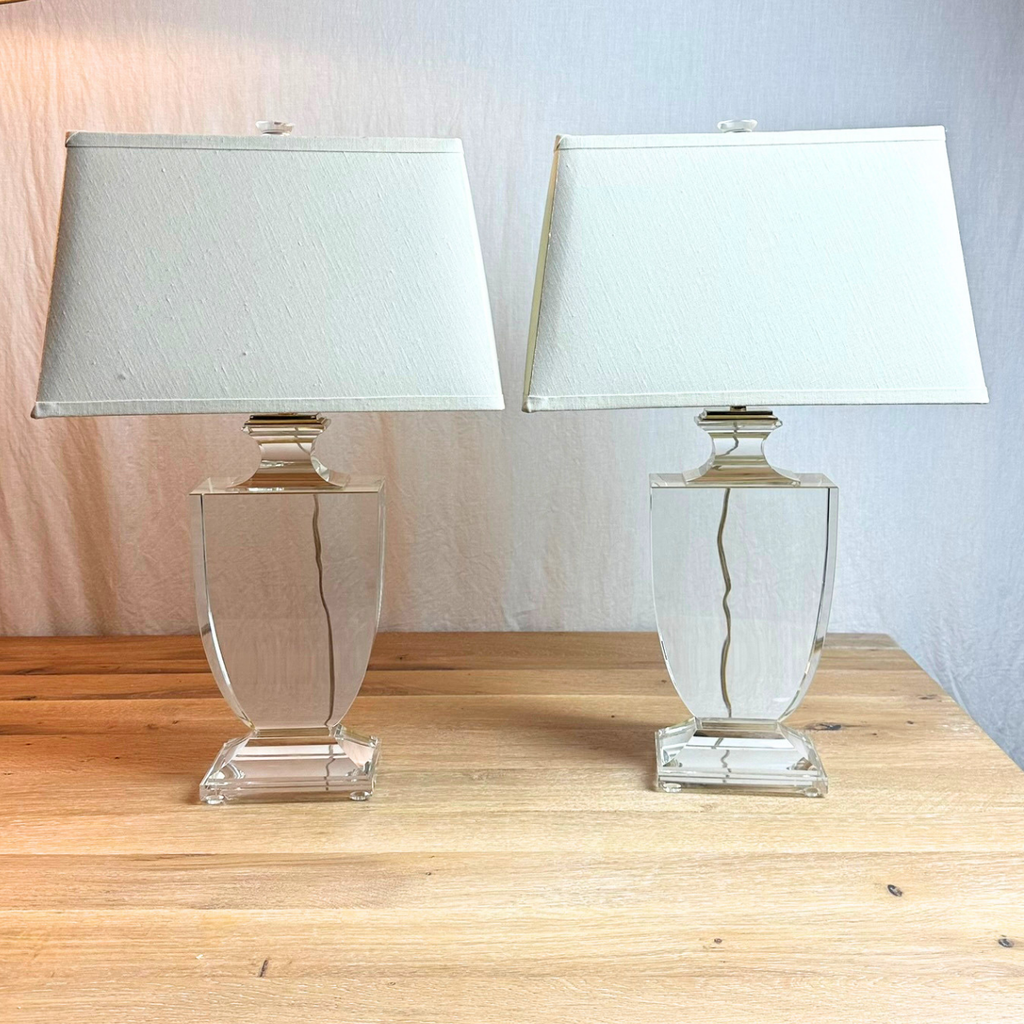 Restoration Hardware Palladian Crystal Urn Table with Rectangular French Linen Shades (Set of 2)