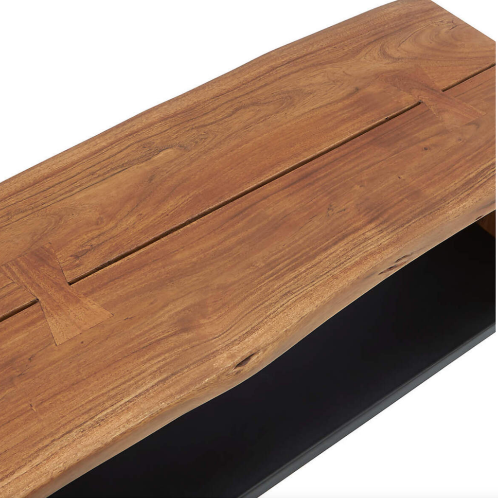 Crate & Barrel Yukon Warm Acacia Live Edge Solid Wood Storage Entryway Bench with Shelf