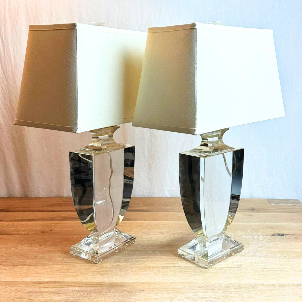 Restoration Hardware Palladian Crystal Urn Table with Rectangular French Linen Shades (Set of 2)