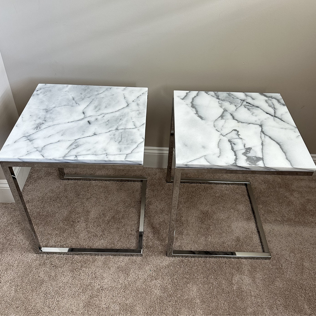 CB2 Smart Chrome C Table with White Marble Top, Set of 2