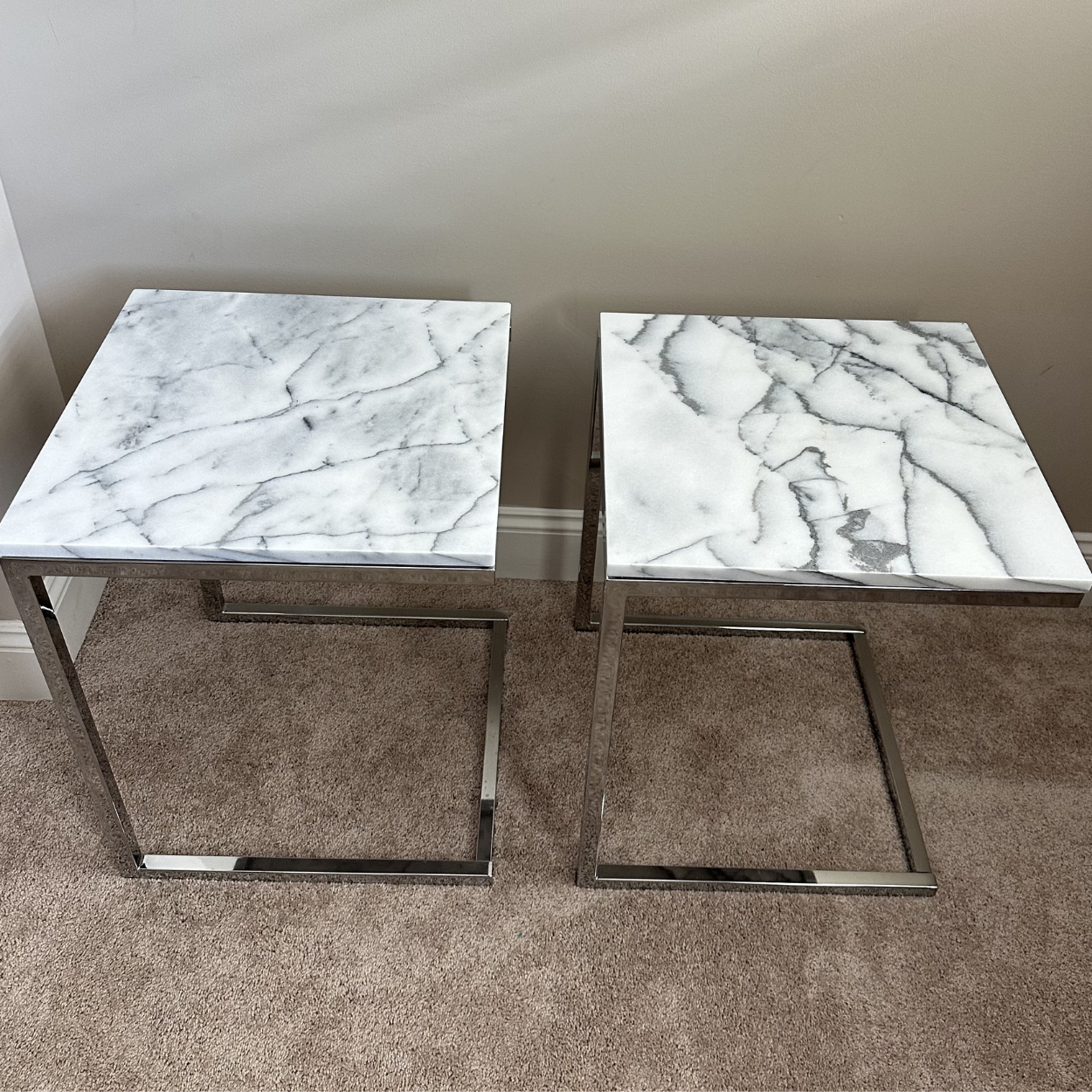 CB2 Smart Chrome C Table with White Marble Top, Set of 2