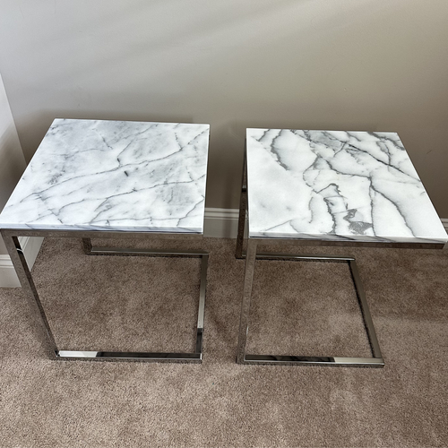 CB2 Smart Chrome C Table with White Marble Top, Set of 2