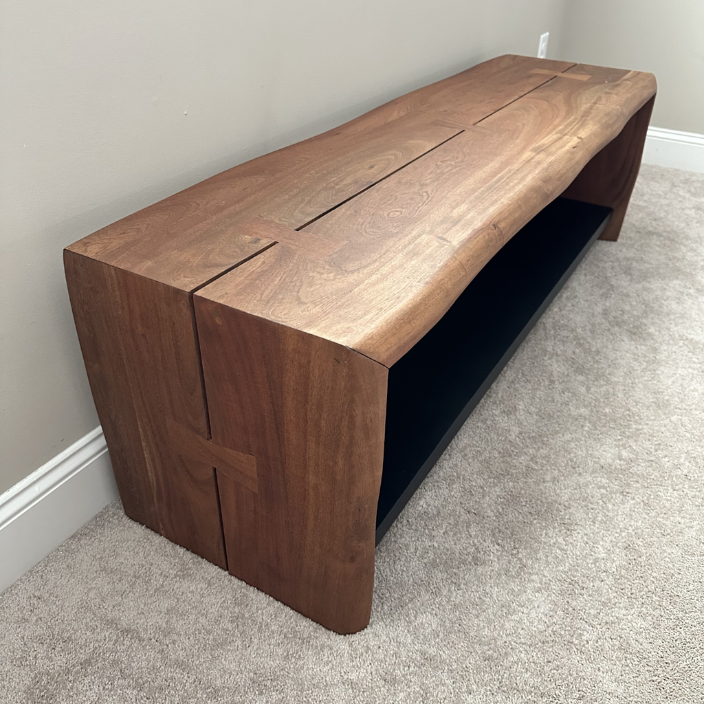 Crate & Barrel Yukon Warm Acacia Live Edge Solid Wood Storage Entryway Bench with Shelf