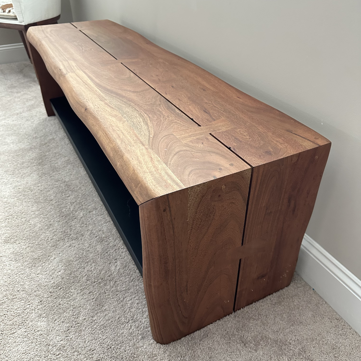Crate & Barrel Yukon Warm Acacia Live Edge Solid Wood Storage Entryway Bench with Shelf
