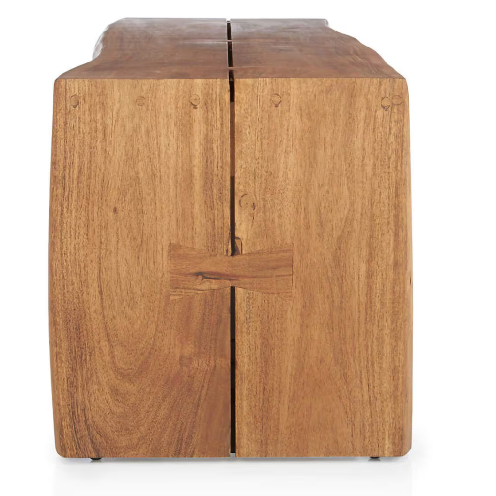 Crate & Barrel Yukon Warm Acacia Live Edge Solid Wood Storage Entryway Bench with Shelf