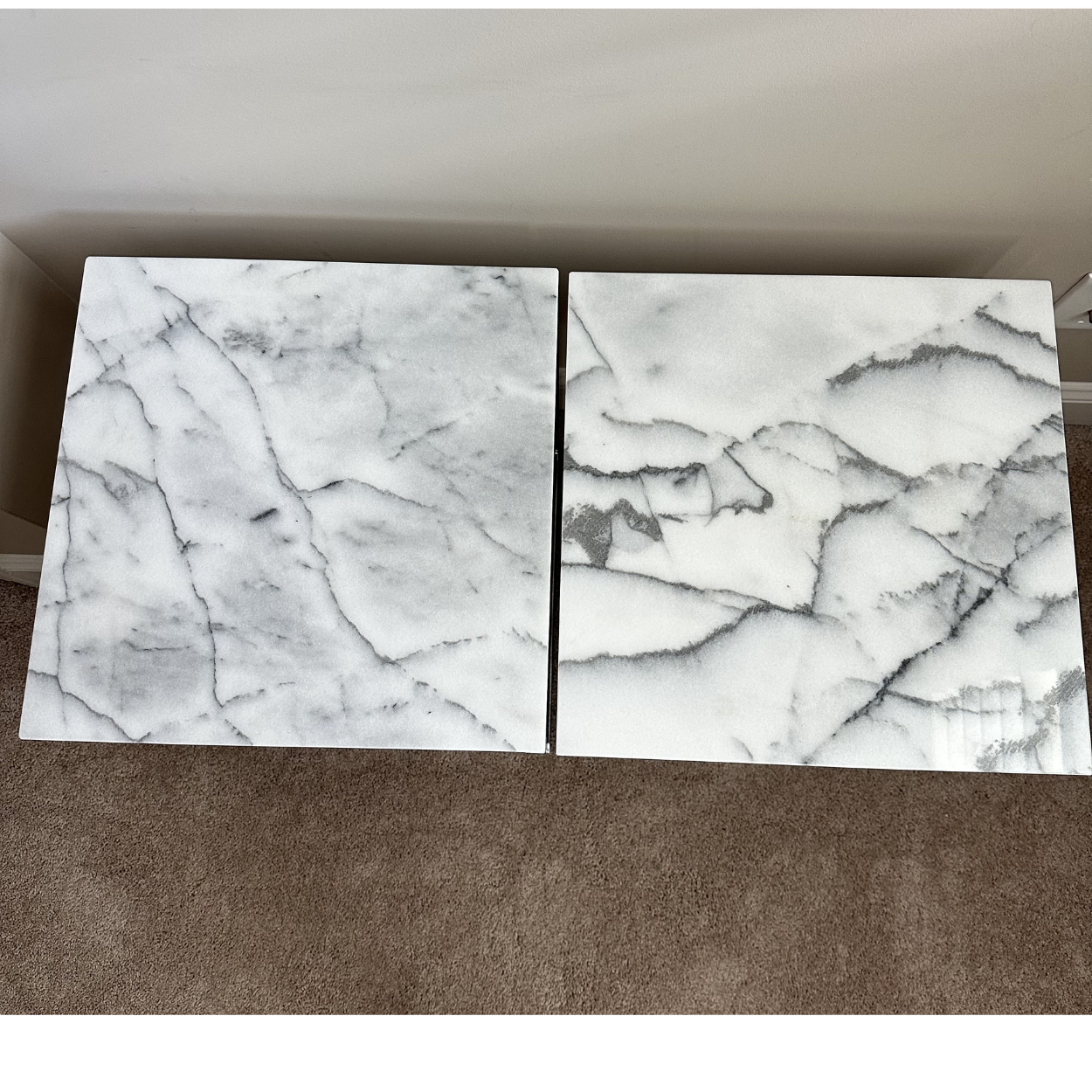 CB2 Smart Chrome C Table with White Marble Top, Set of 2