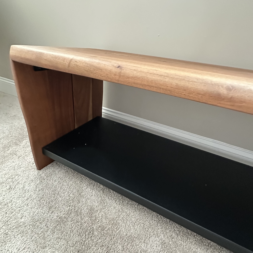 Crate & Barrel Yukon Warm Acacia Live Edge Solid Wood Storage Entryway Bench with Shelf