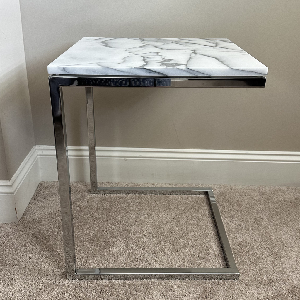 CB2 Smart Chrome C Table with White Marble Top, Set of 2