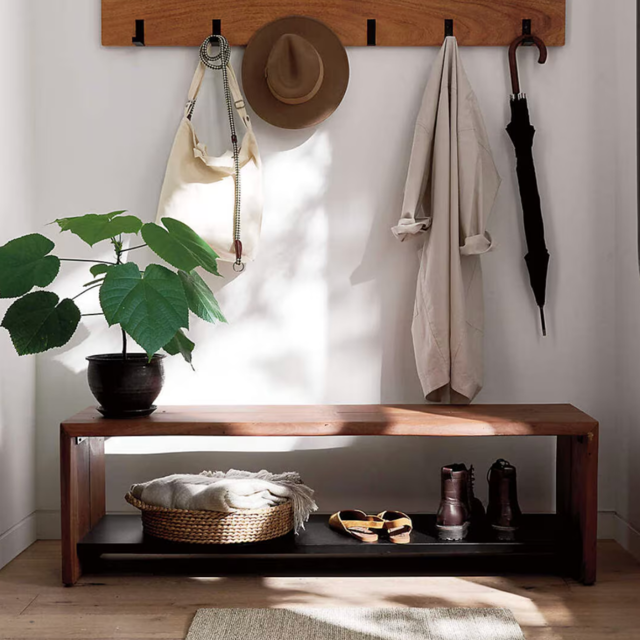 Crate & Barrel Yukon Warm Acacia Live Edge Solid Wood Storage Entryway Bench with Shelf