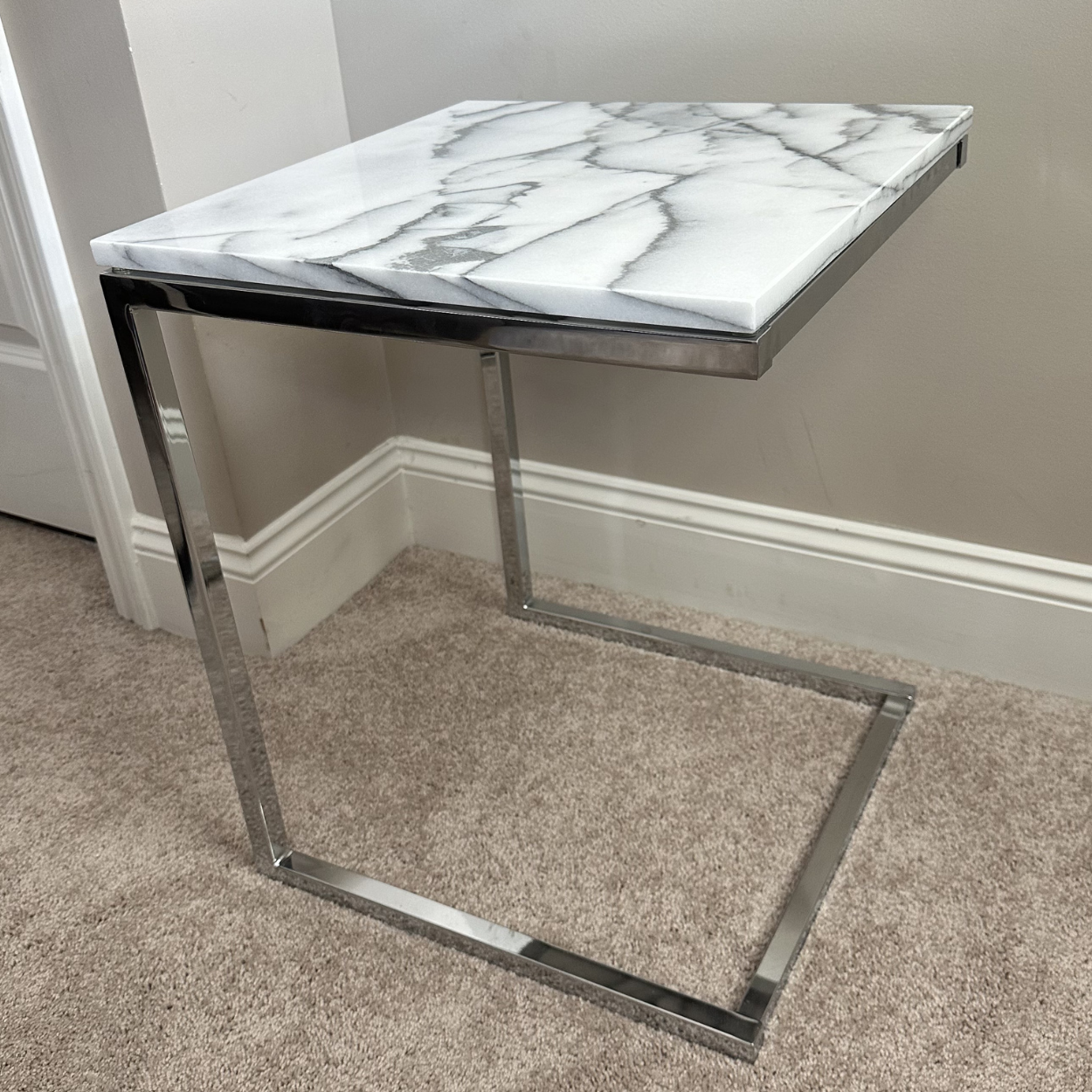 CB2 Smart Chrome C Table with White Marble Top, Set of 2