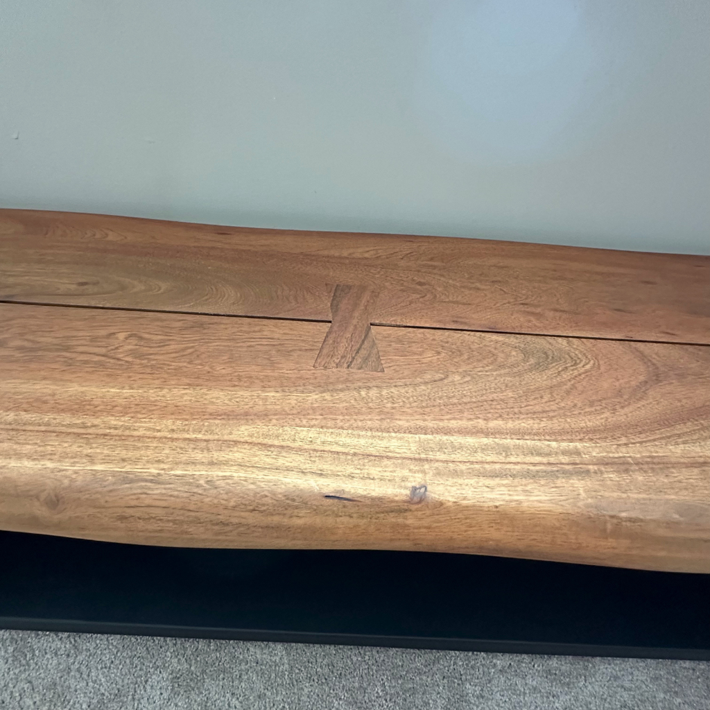 Crate & Barrel Yukon Warm Acacia Live Edge Solid Wood Storage Entryway Bench with Shelf
