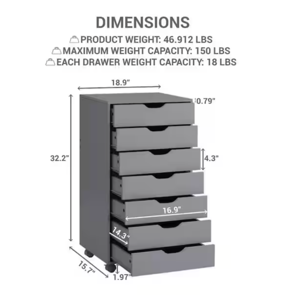 MAYKOOSH Gray 7-Drawer Office Storage File Cabinet on Wheels, Mobile Under Desk Filing Drawer, Craft Storage for Home, Office