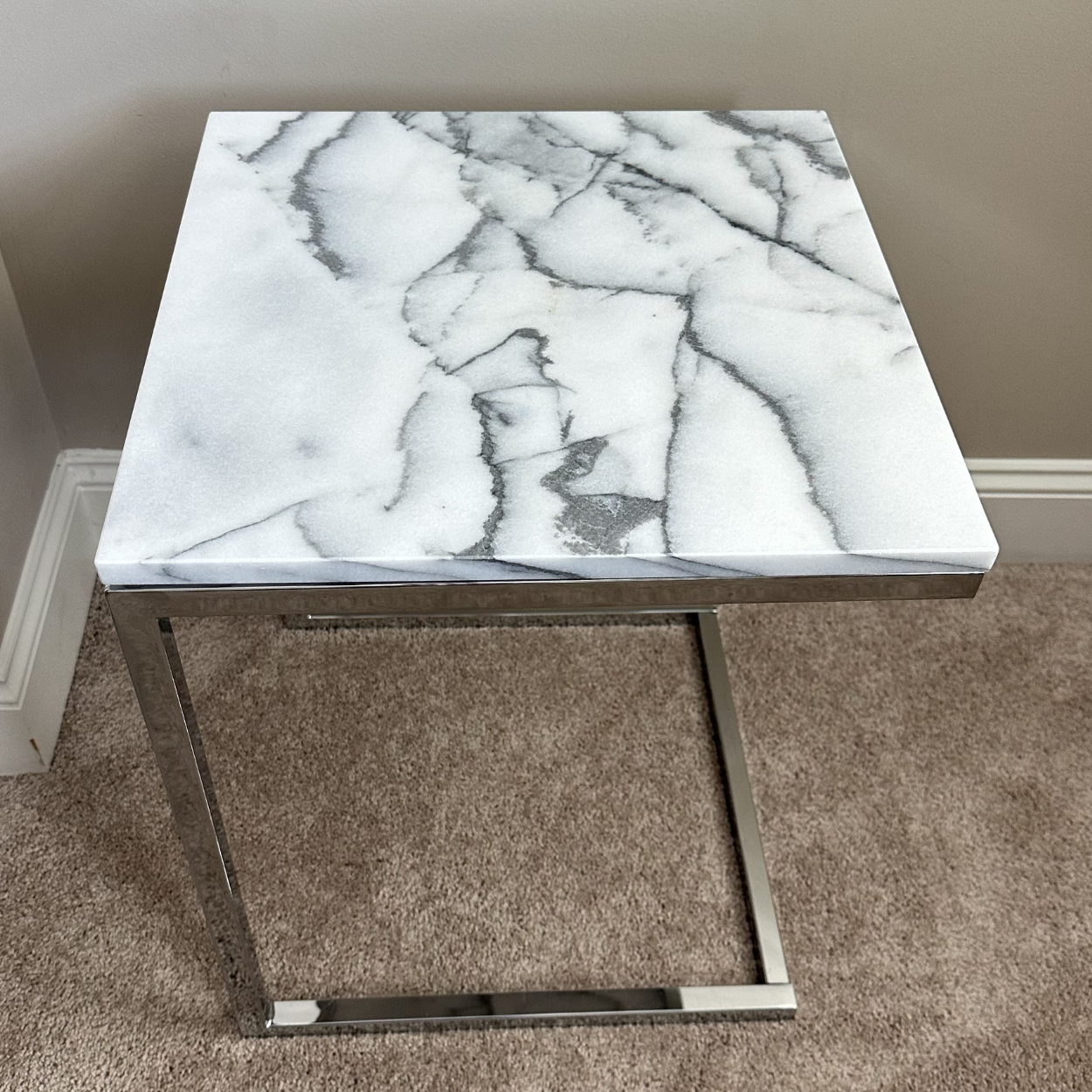 CB2 Smart Chrome C Table with White Marble Top, Set of 2