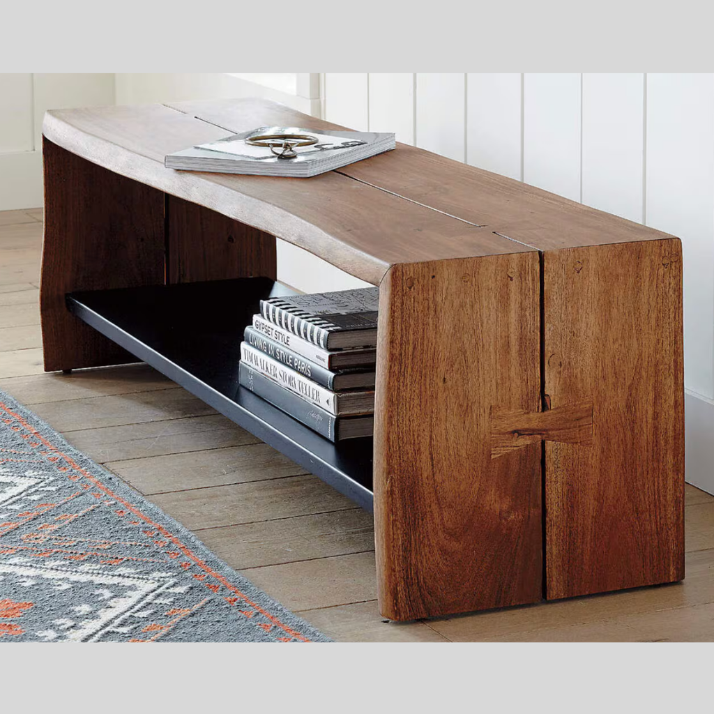 Crate & Barrel Yukon Warm Acacia Live Edge Solid Wood Storage Entryway Bench with Shelf