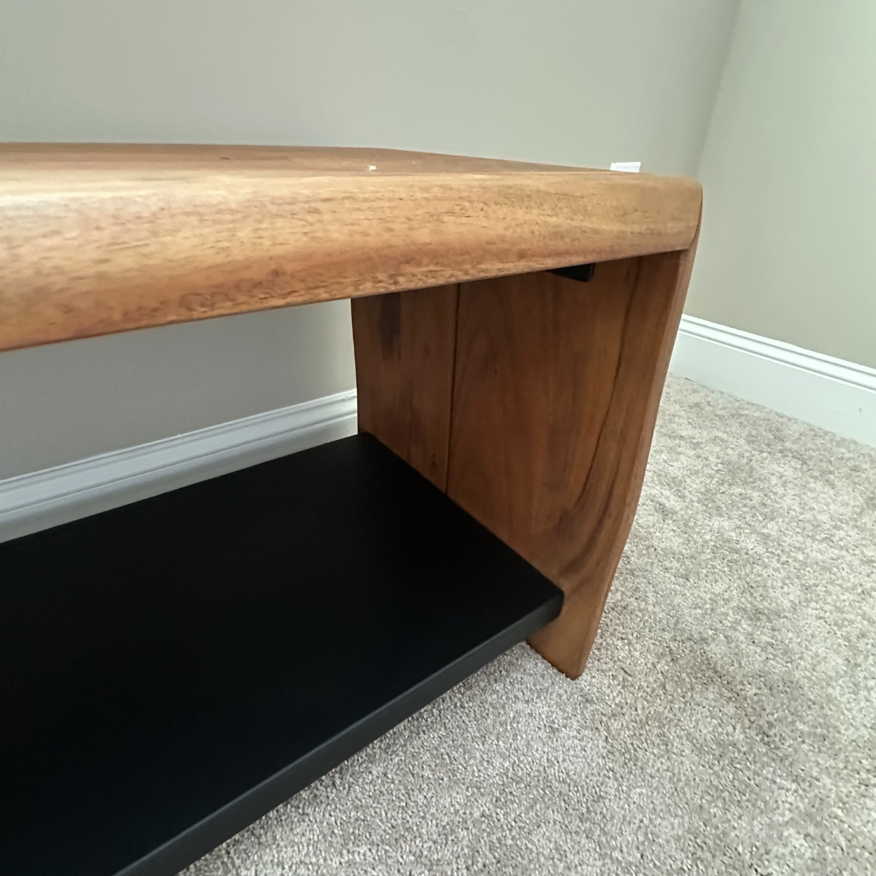 Crate & Barrel Yukon Warm Acacia Live Edge Solid Wood Storage Entryway Bench with Shelf