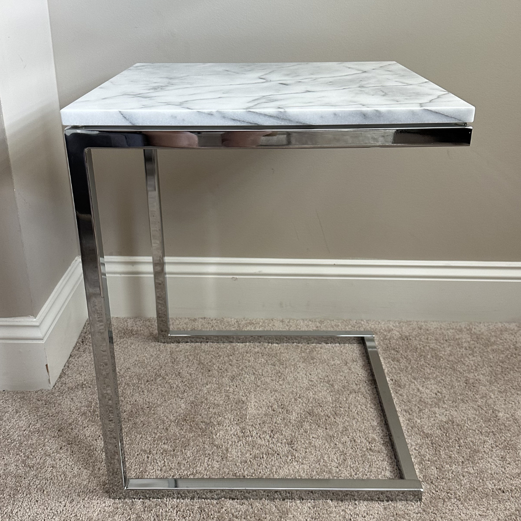 CB2 Smart Chrome C Table with White Marble Top, Set of 2