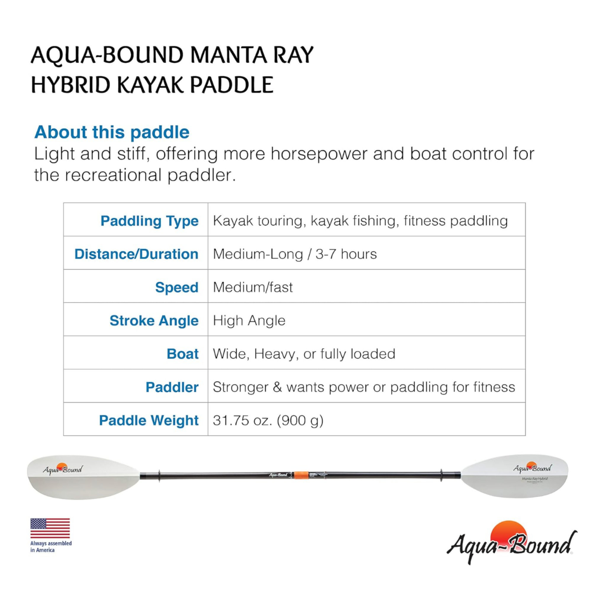 Aqua Bound Mantaray Hybrid White FG Blade/Posi-Lok Carbon Shaft 2pc, White, 220 cm
