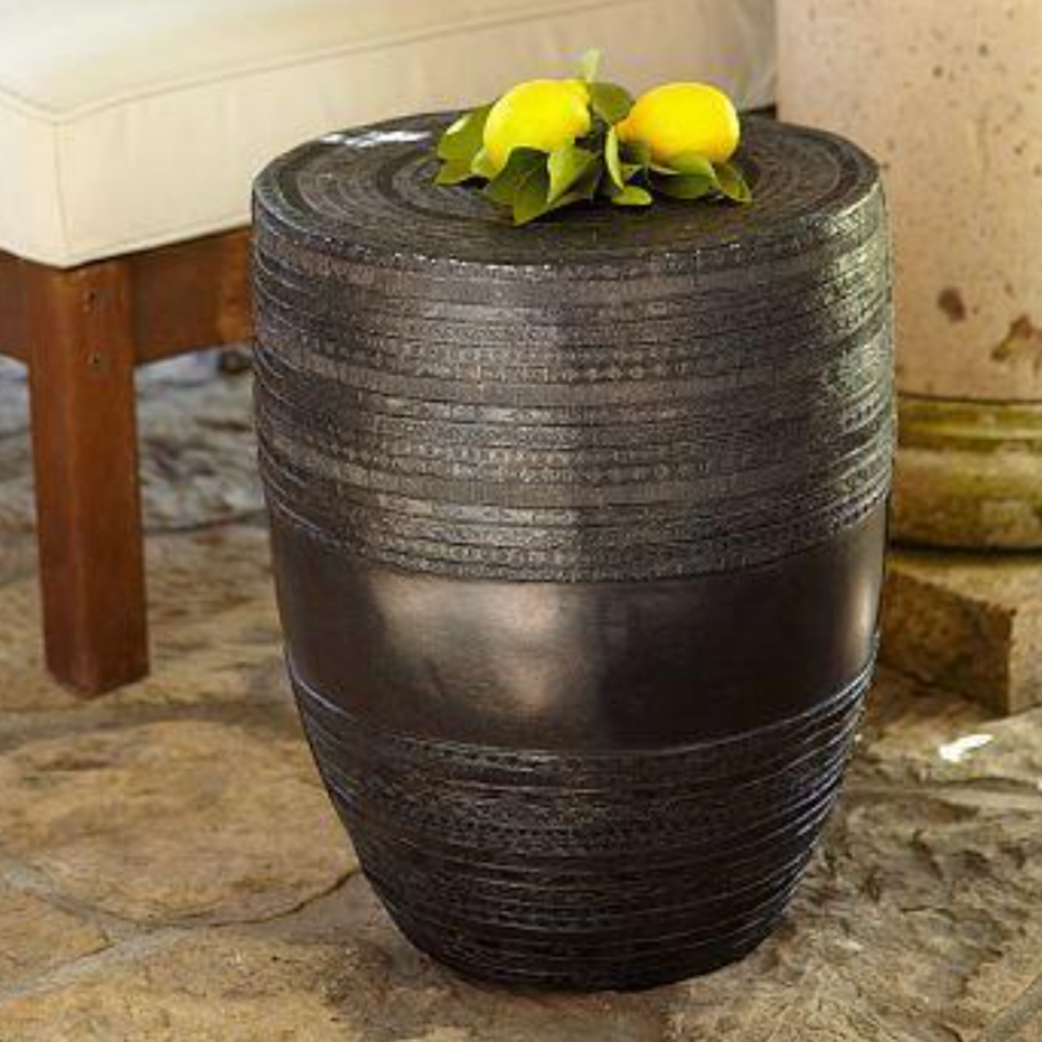 Pottery Barn Frog Rain Metal Drum Accent Table