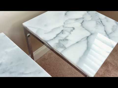CB2 Smart Chrome C Table with White Marble Top, Set of 2