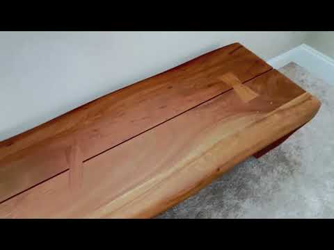 Crate & Barrel Yukon Warm Acacia Live Edge Solid Wood Storage Entryway Bench with Shelf